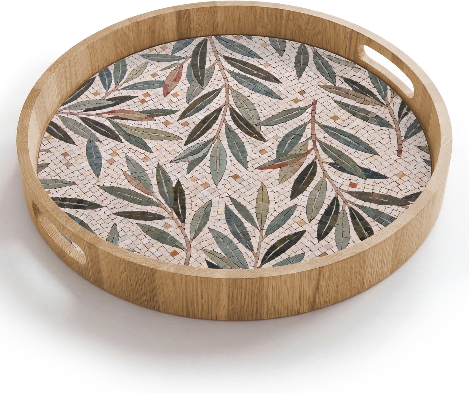 Dienblad rond 40x40 cm - Schootdienblad hout - Plant - Blad - Mozaïek - Groen - Borrelplank rechthoek - Plateau houten dienbladen
