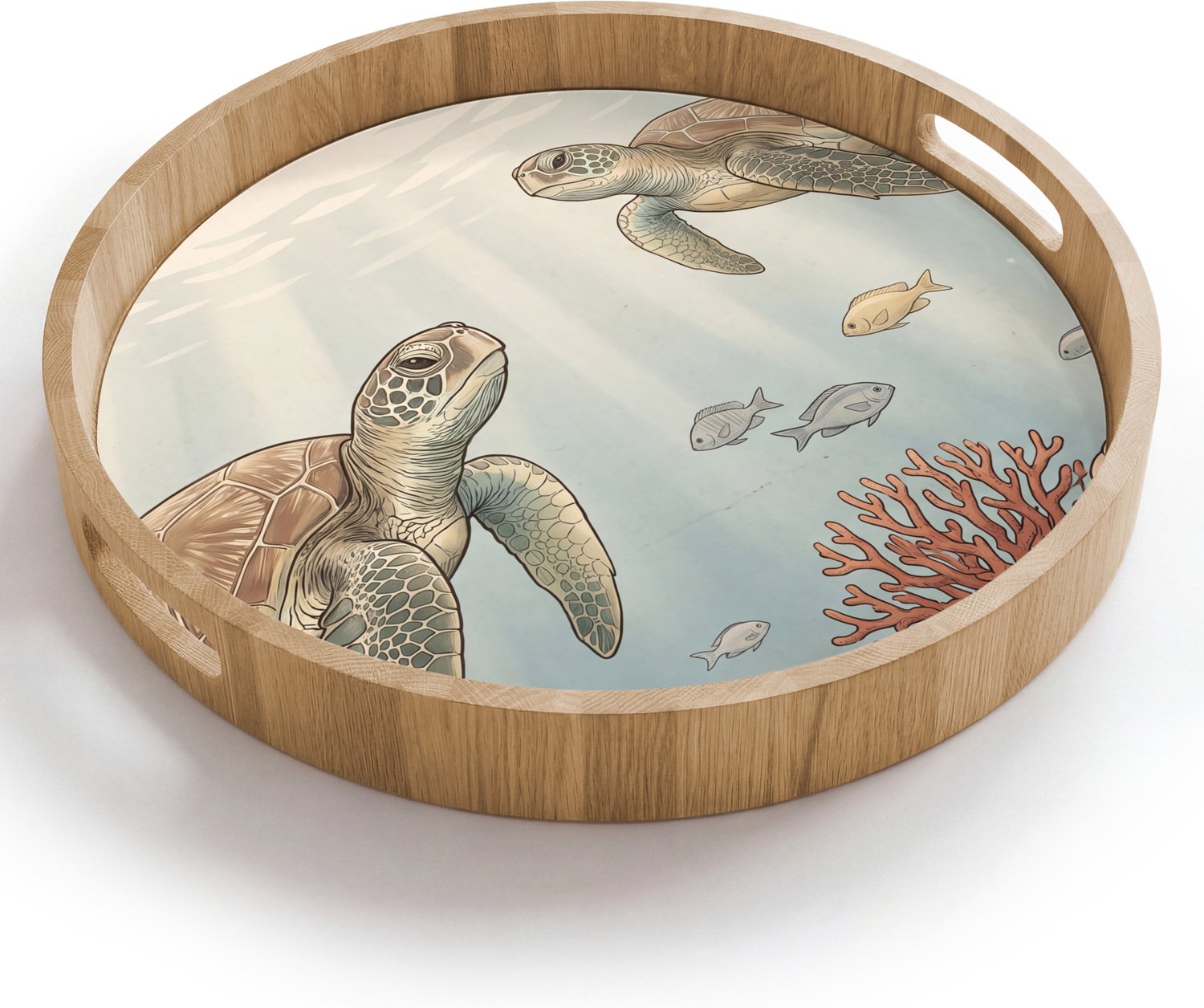 Dienblad rond 40x40 cm - Schootdienblad hout - Schildpad - Onderwater - Natuur - Illustratie - Borrelplank rechthoek - Plateau houten dienbladen