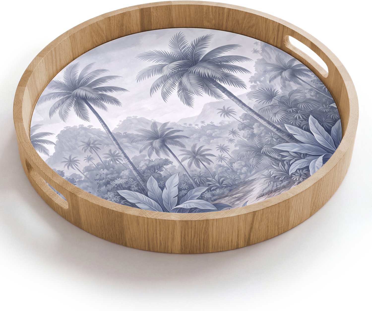 Dienblad rond 40x40 cm - Schootdienblad hout - Natuur - Boom - Tropisch - Landschap - Blauw - Borrelplank rechthoek - Plateau houten dienbladen