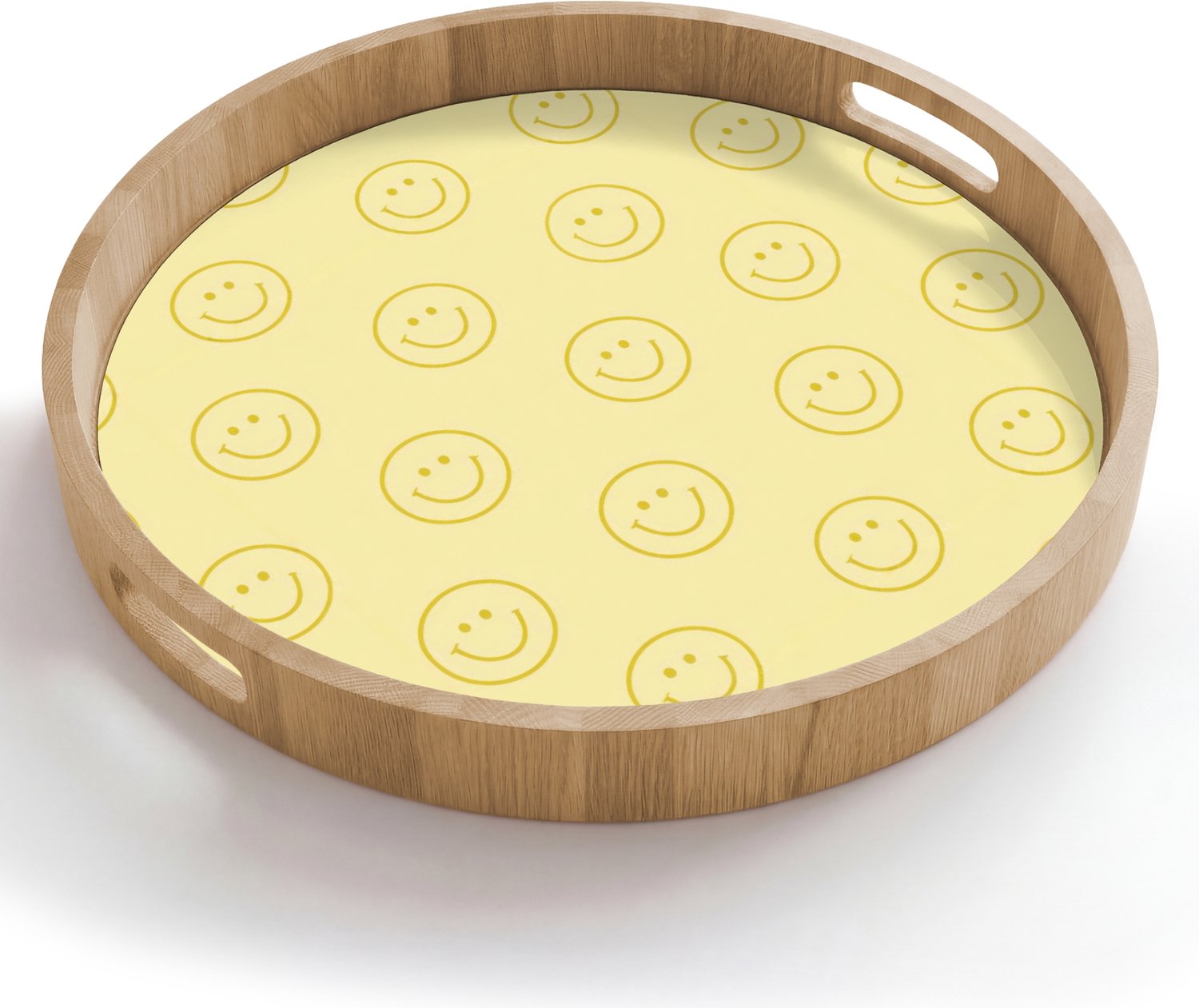 Dienblad rond 50x50 cm - Schootdienblad hout - Smileys - Patroon - Retro - Zachtgeel - Borrelplank rechthoek - Plateau houten dienbladen