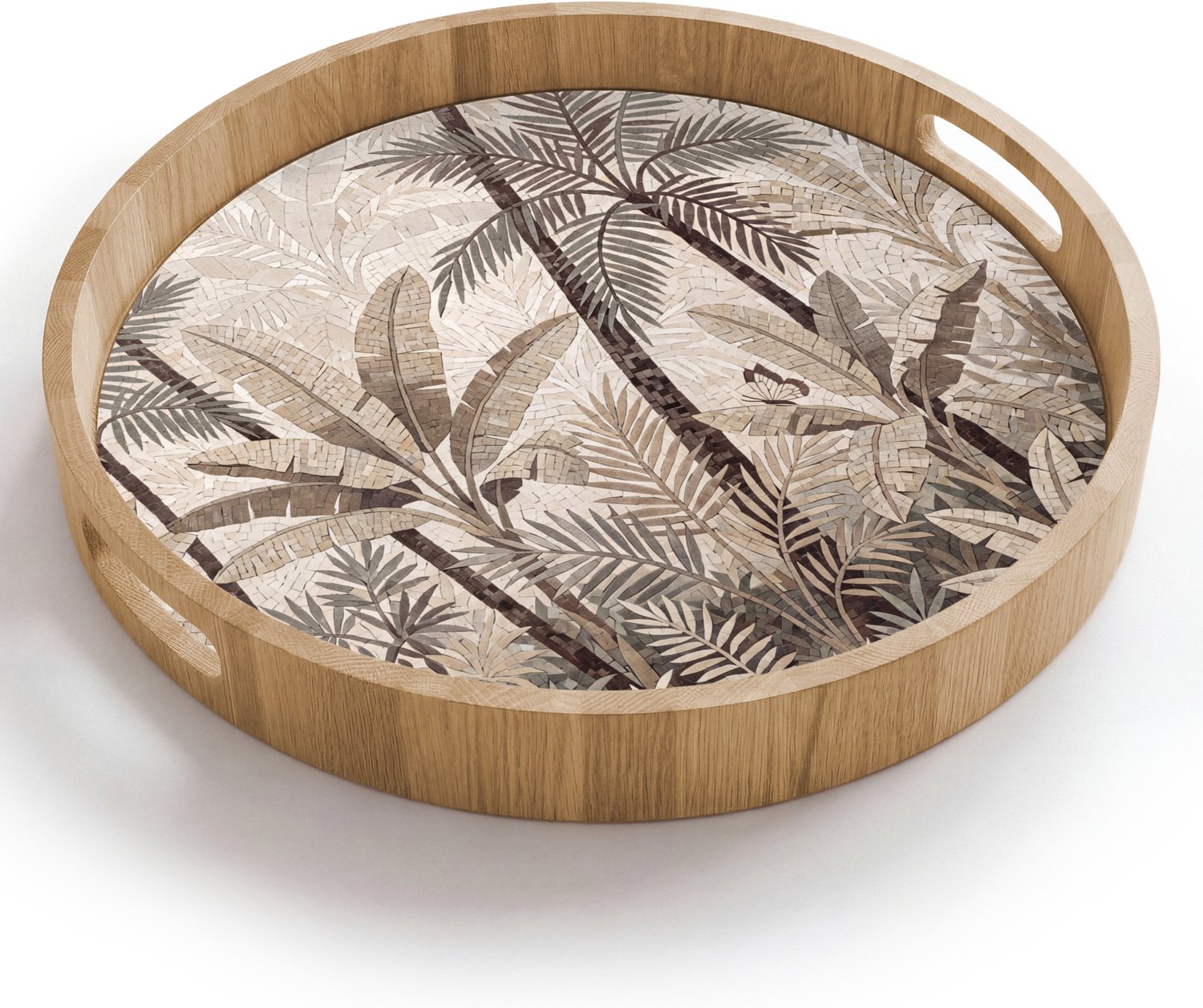 Dienblad rond 40x40 cm - Schootdienblad hout - Natuur - Bladeren - Landschap - Mozaïek - Beige - Borrelplank rechthoek - Plateau houten dienbladen