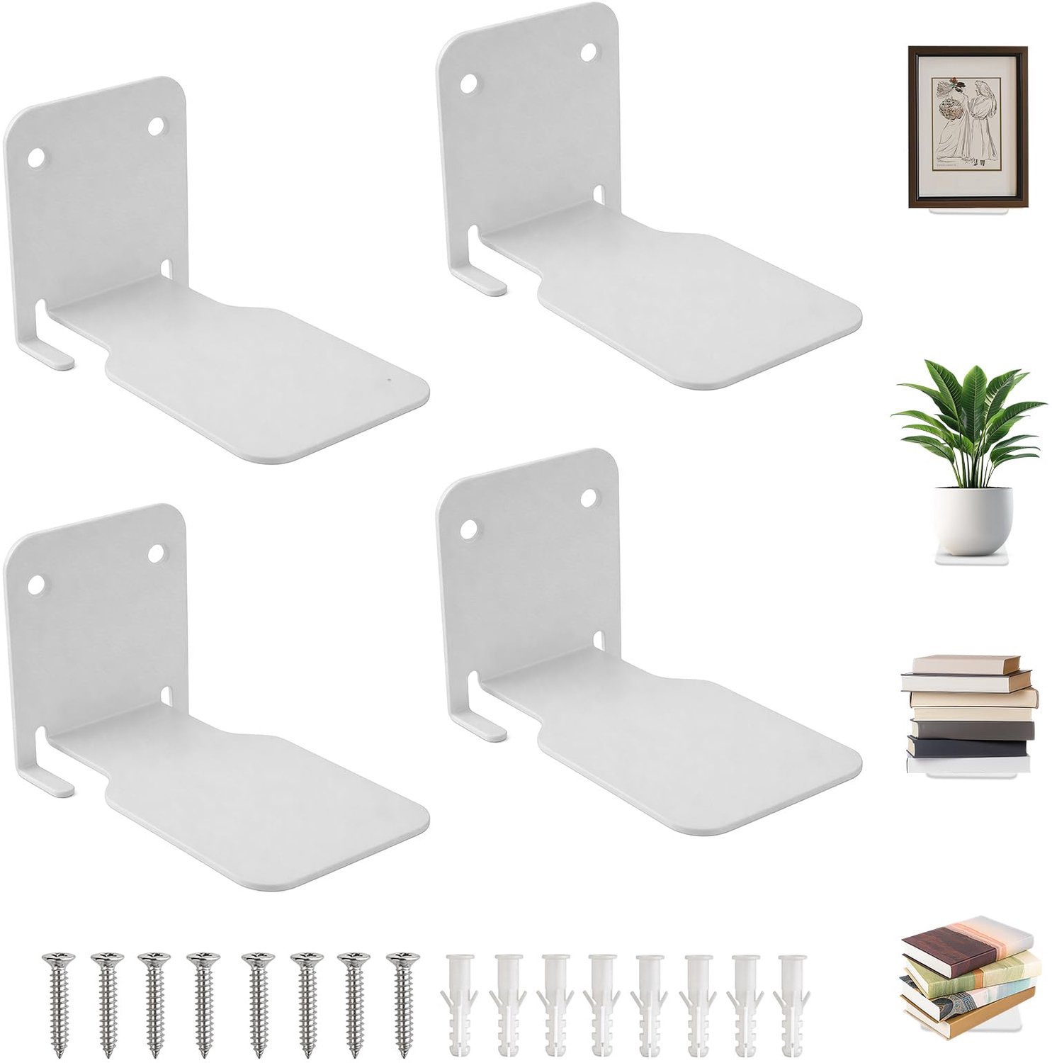 Ryoudavell Onzichtbare Zwevende Boekenplanken – Set van 4 Stuks – Robuust Metalen Wandrek – Boekenhouder - Boekenplank - Opbergplank - Boekenrek - Decoratieve Boekensteunen Inclusief Montagemateriaal voor Kantoor, Slaapkamer & Woonkamer – Wit