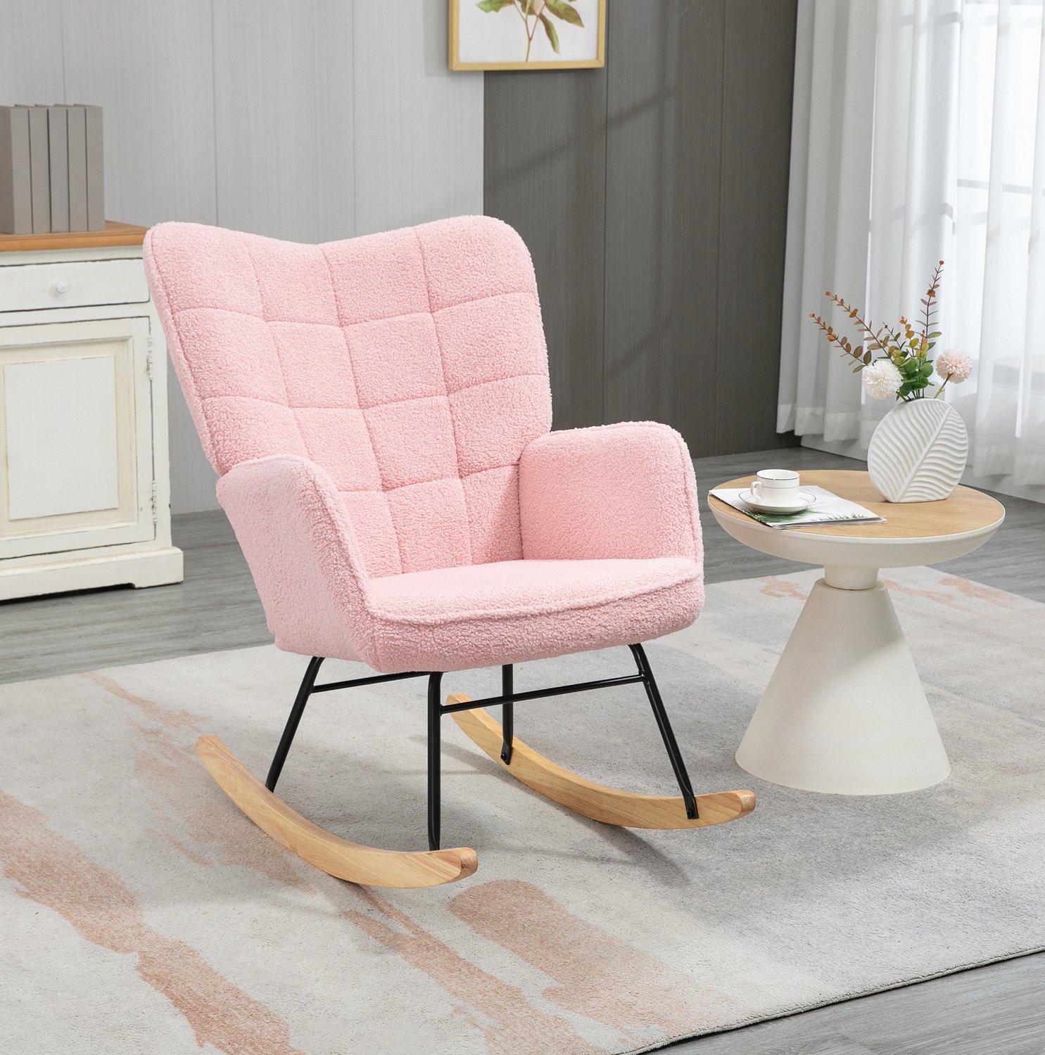 DESMIU Schommelstoel 71 x 98 x 101 cm - Zacht Schommelen met Hoge Rugleuning en Armleuningen - Woonkamer en Slaapkamer - Polyester - Roze