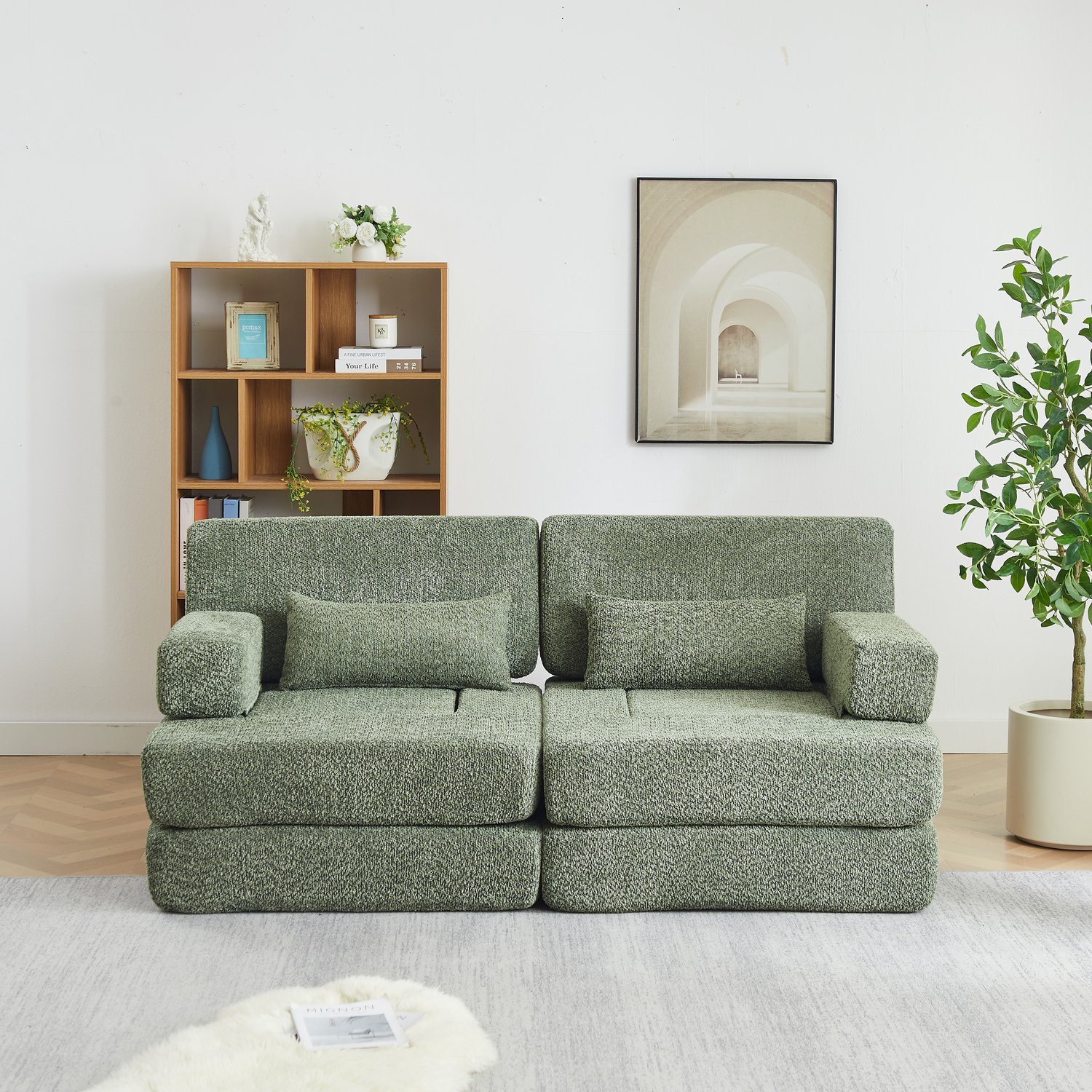 OKWISH Slaapbank 182 x 90 x 80 cm - Omvormbaar en Modulair - Voor Woonkamer en Logeerkamer - Chenille en IJzer - Groen