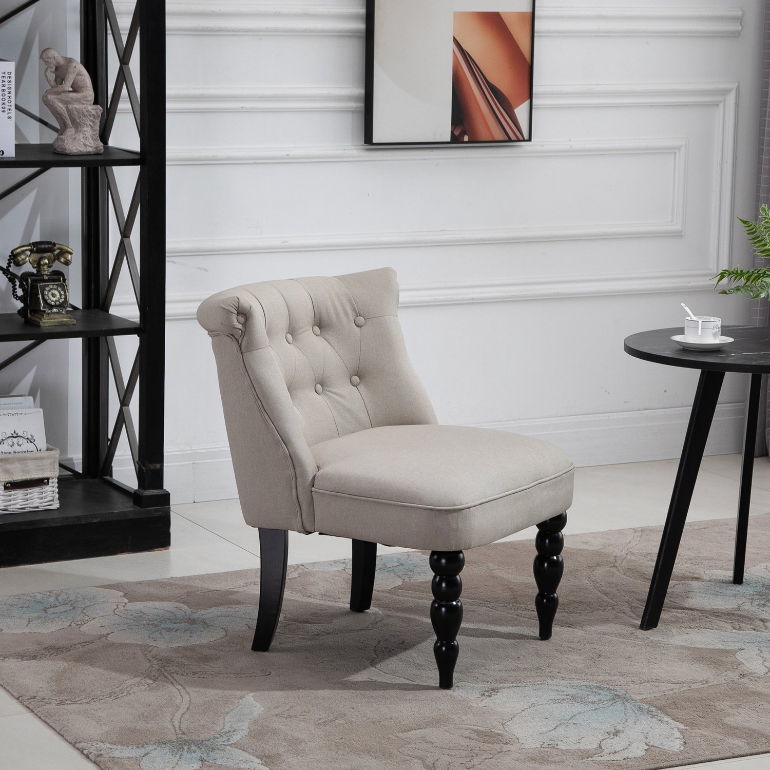 OKWISH Fauteuil 67 x 67 x 78 cm - Zachte Zitting en Verstelbare Voetdoppen - Voor Woonkamer en Eetkamer - Linnen en Hout - Beige