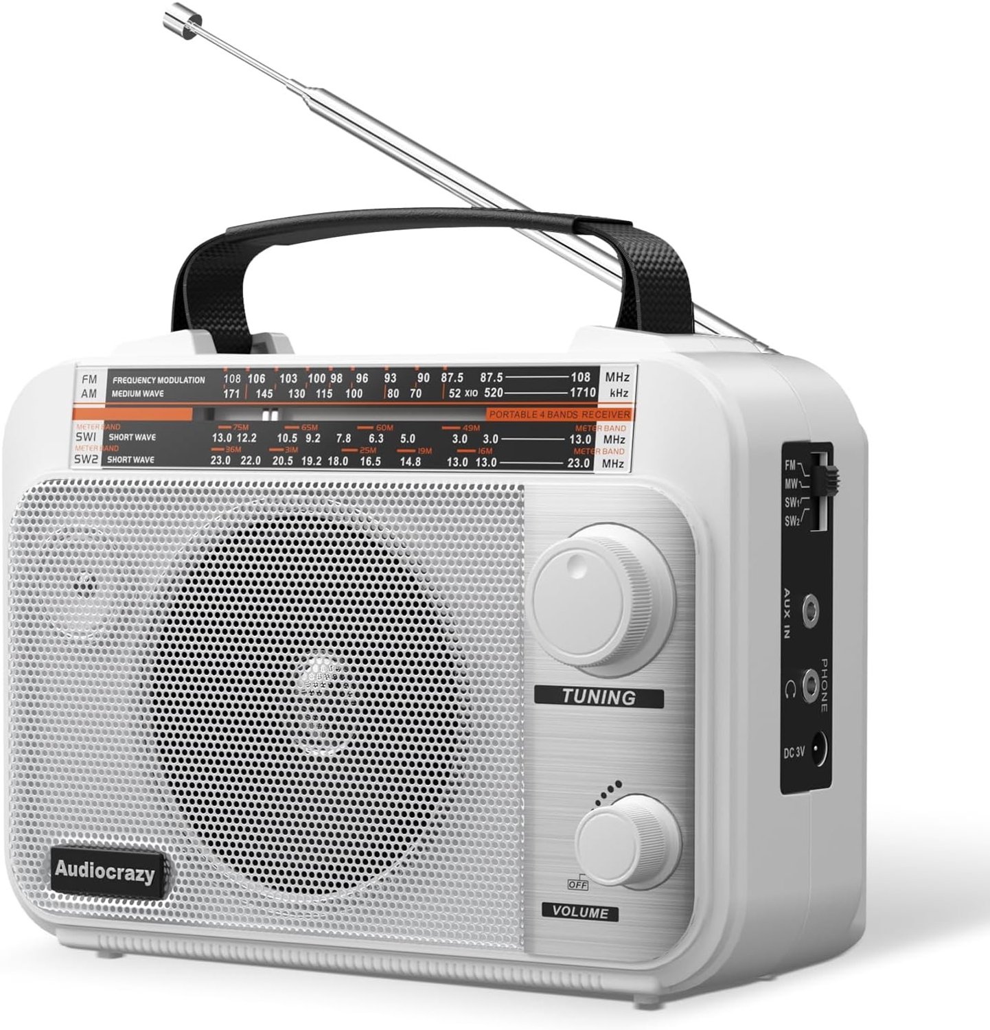 Transistor Radio - Wit - 169 x 73 x 122 mm - Kortgolf Radio met Grote Luidspreker en Nauwkeurige Tuning - Voor Binnen en Buiten