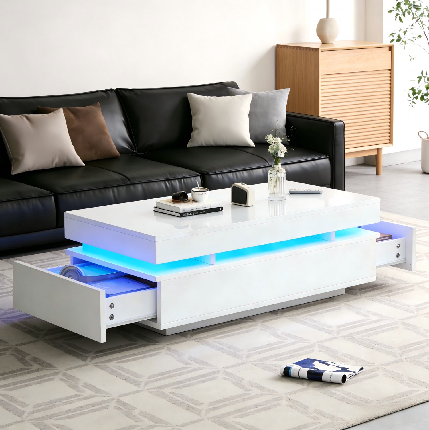 Maisentiel Salontafel 100 x 50 x 35 cm met LED-verlichting, 2 lades, spaanplaat, wit