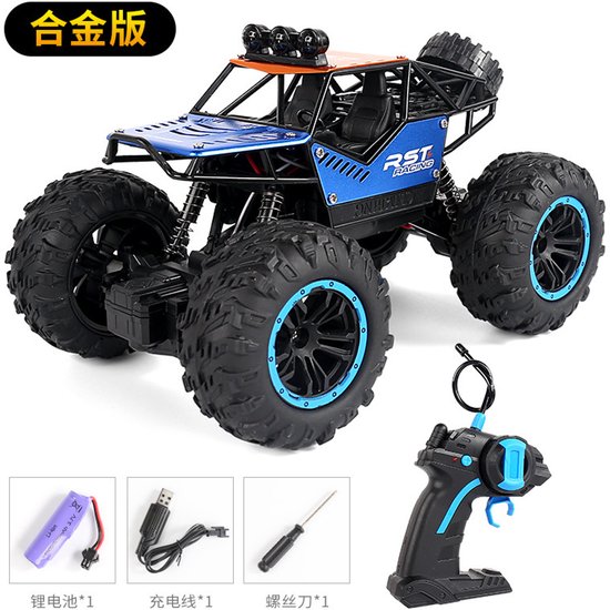 Blauwe RC-terreinwagen met oranje dak, grote zwarte banden, afstandsbediening, batterij, oplader en schroevendraaier.