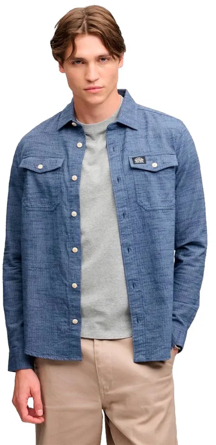 Superdry Herringbone Workwear Shirt Relaxed Pasvorm Heren Lange mouwen shirts Vuursteenblauw Gemeleerd