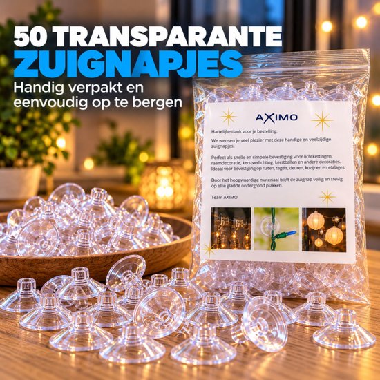 Zak met 50 transparante zuignapjes en instructiekaart. Tekst: 50 transparante zuignapjes.