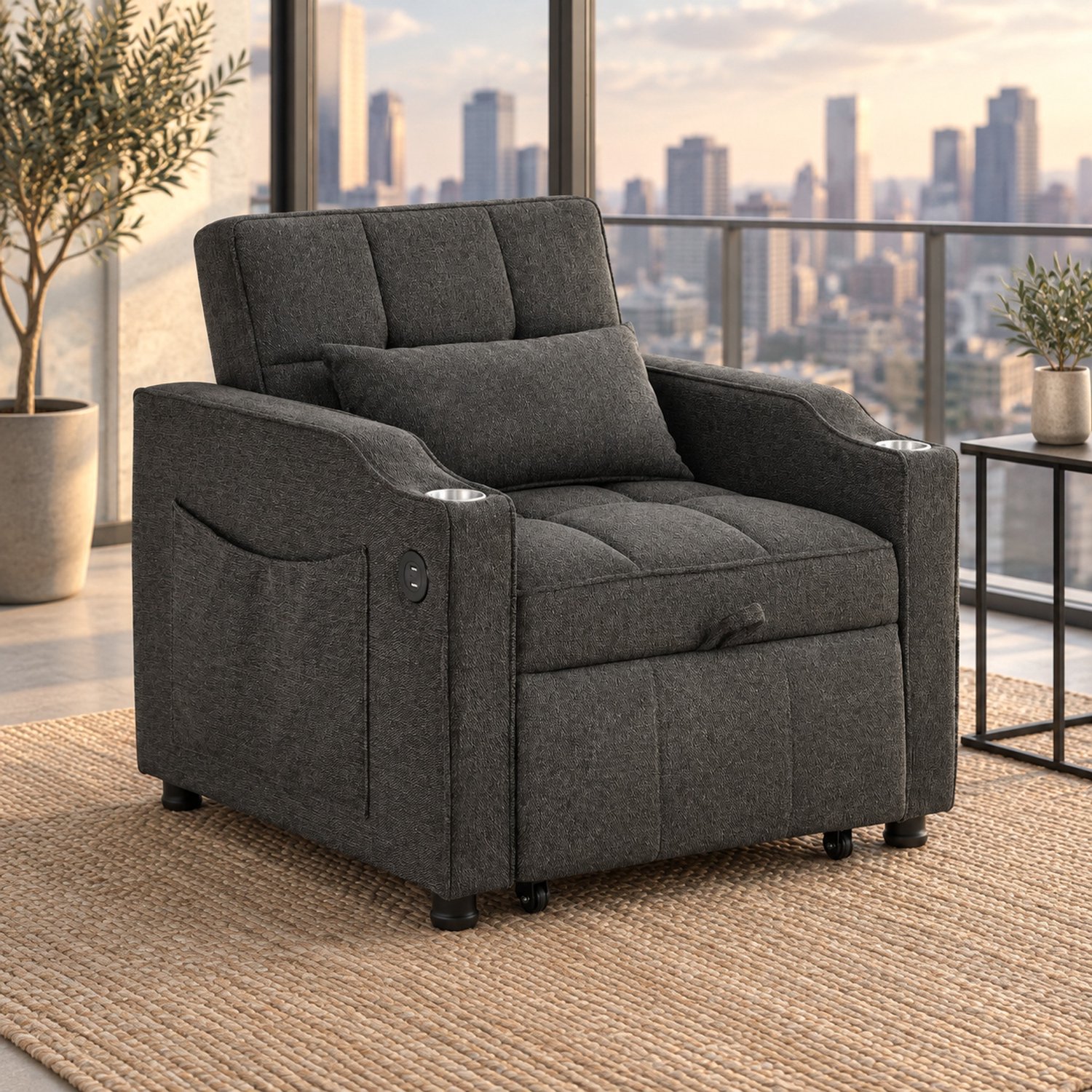 WUVRIE Slaapfauteuil 190 cm - 3-in-1 met verstelbare rugleuning, USB en USB-C - Donkergrijs