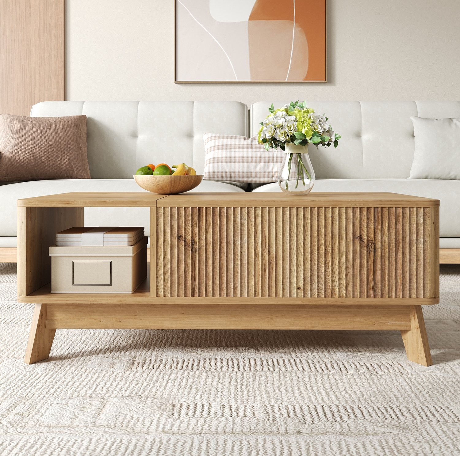 Maisentiel Salontafel 95 x 48 cm met hefblad, opbergruimte en MDF in naturel