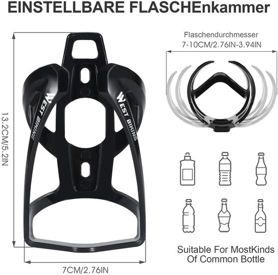 Fiets bidonhouder 13,2 x 7 x 7 cm - lichtgewicht PC - zwart — afbeelding 2