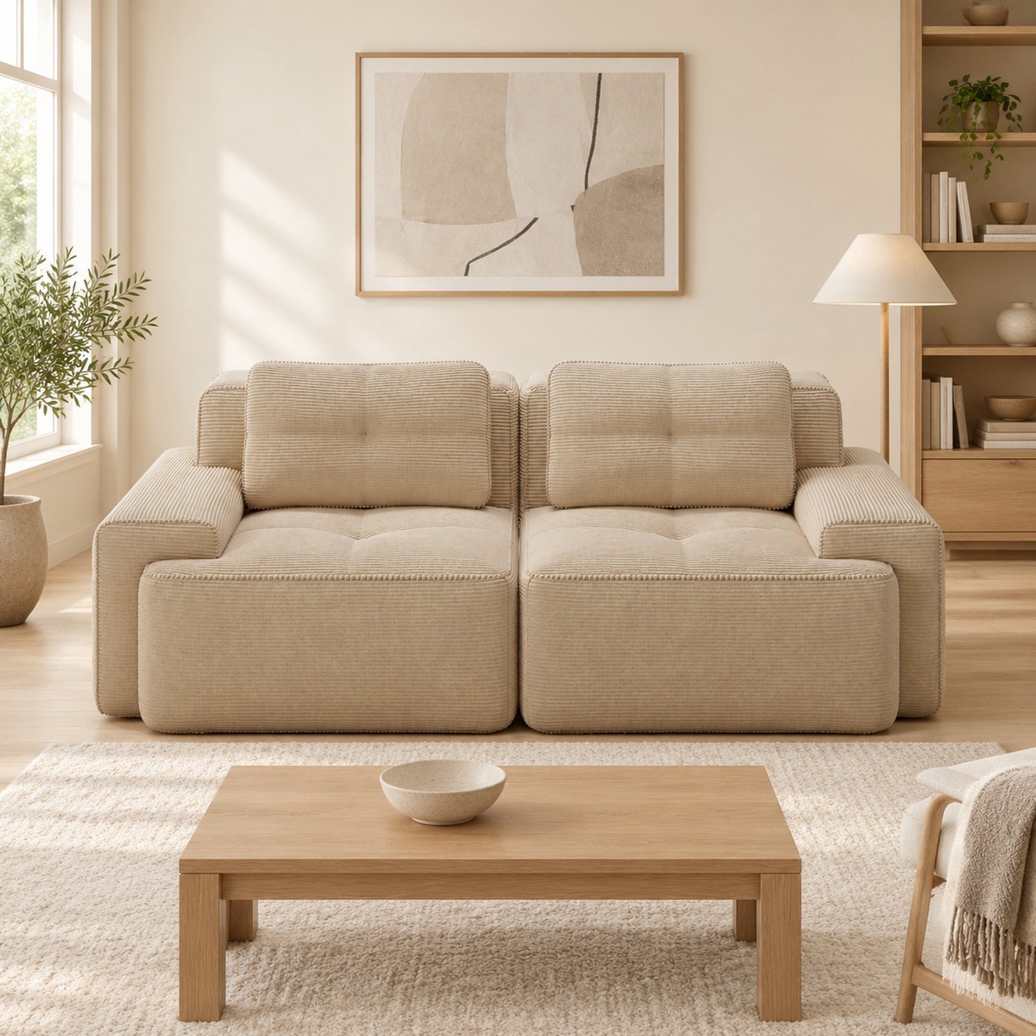 WUVRIE Modulaire 2-zits slaapbank 204x104 cm - Diepe zit en brede armleuningen - Beige