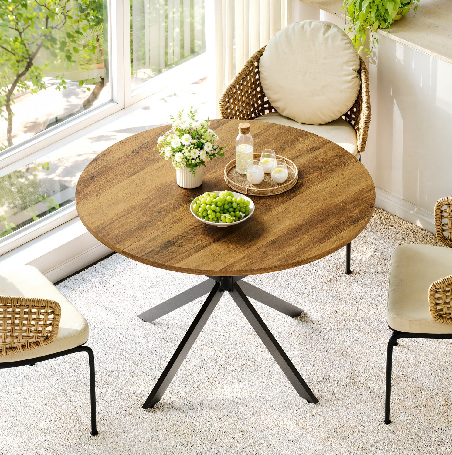 WUVRIE Ronde eettafel Ø 120 cm - Stalen X-poot met verstelbare voeten - Bruin/zwart