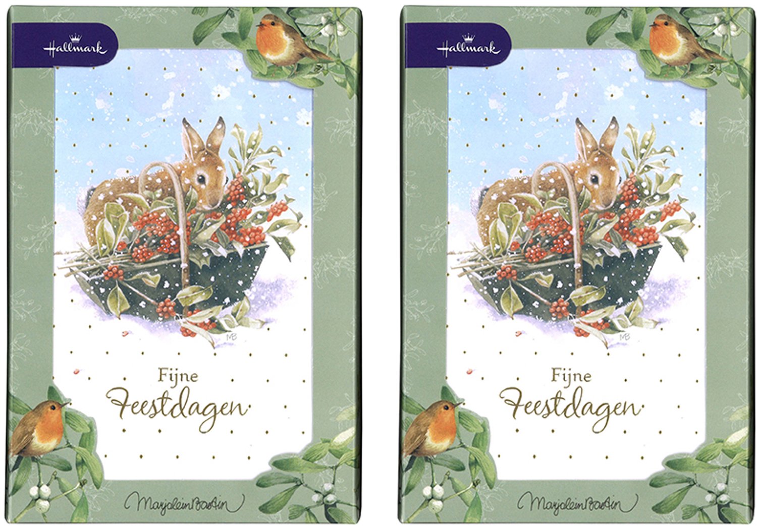 Hallmark - Marjolein Bastin - 20 Kerstkaarten - 2 doosjes - Konijn & mand - Goudfolie - Kerst - Nieuwjaar - 12,5 x 18 cm
