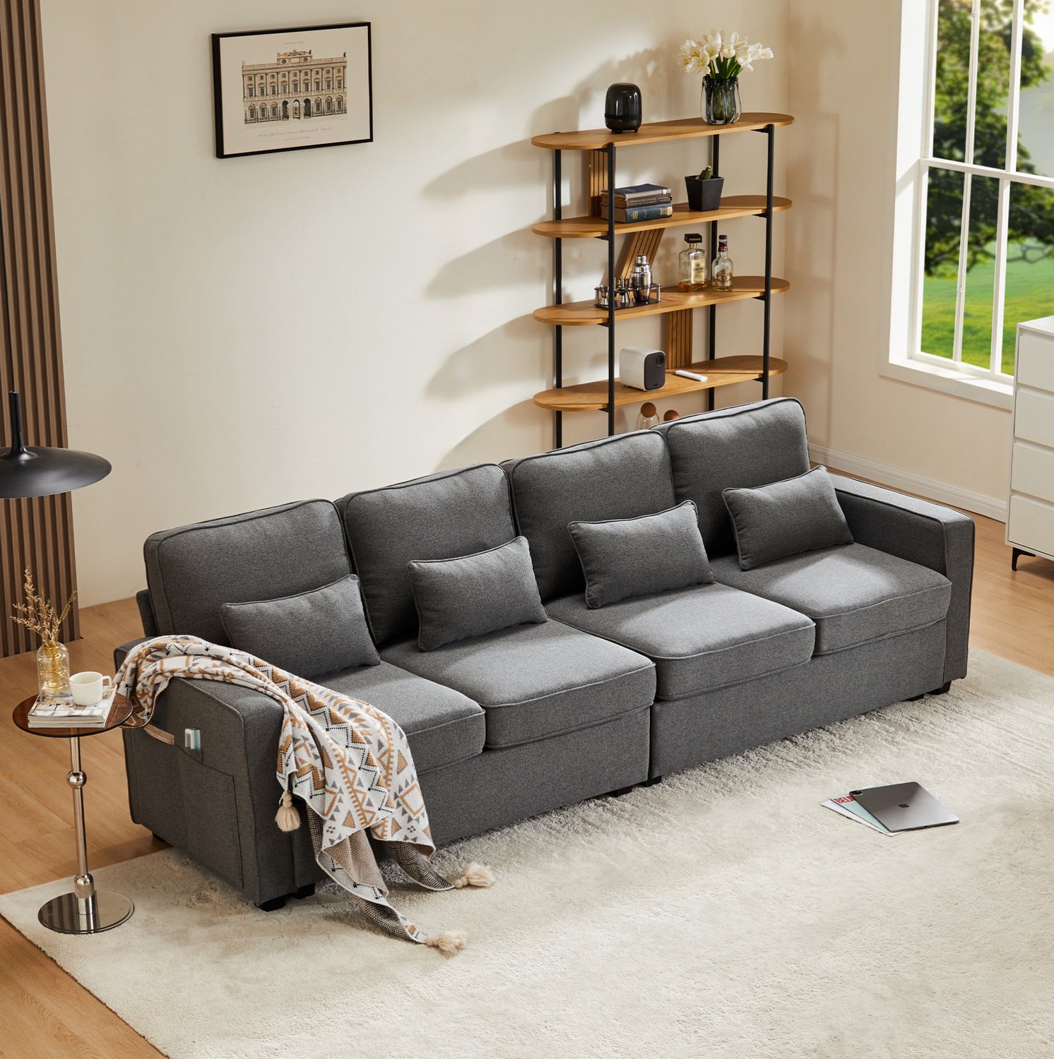 FloraGrace Zitbank 264 Cm – 4 Zitplaatsen Met Opbergvakken En 4 Kussens – Woonkamer – Polyester In Linnenlook – Donkergrijs
