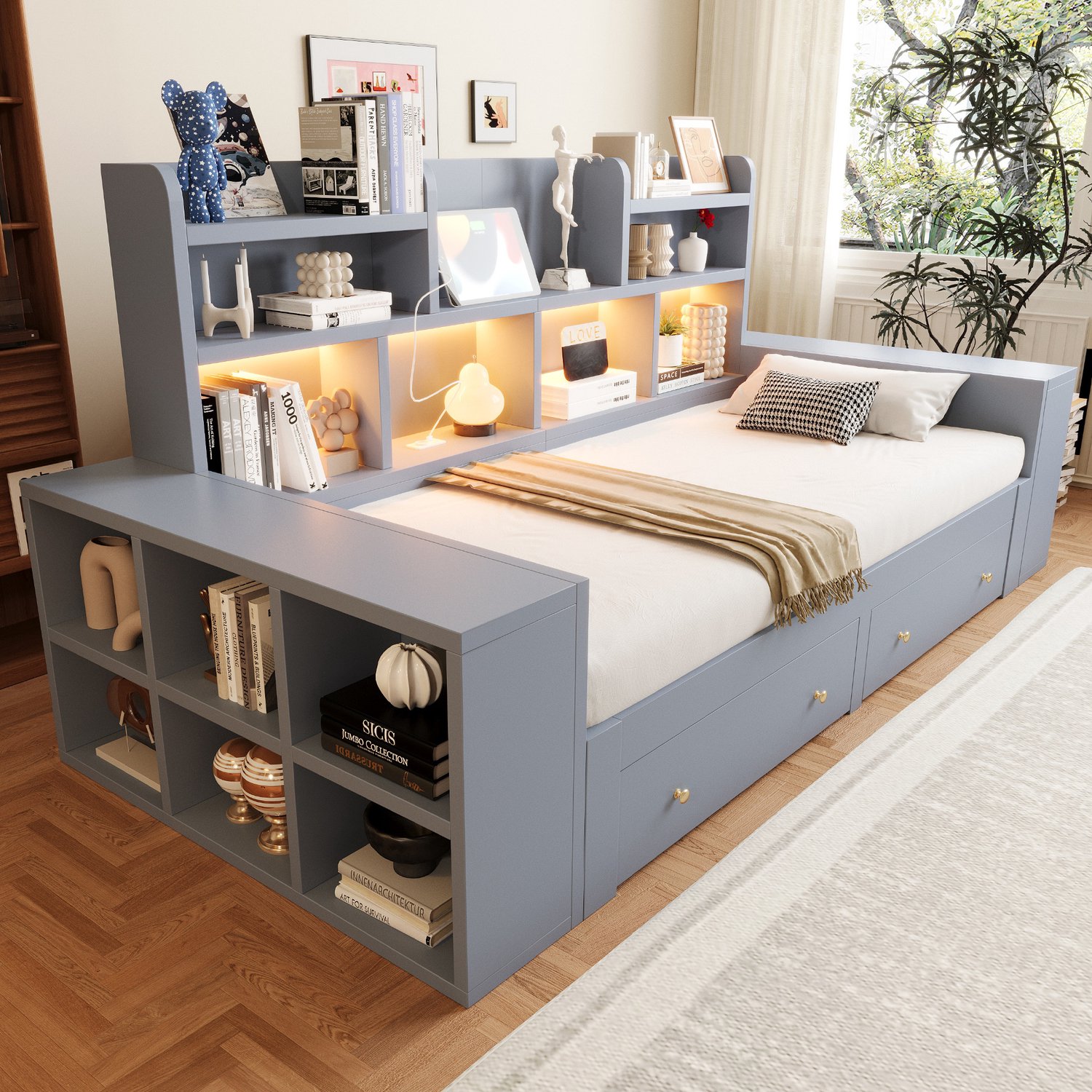 OKWISH Slaapbank 90x200 cm - Uittrekbaar Tot 180x200 cm Met Ledverlichting, Stopcontact, Lades En Opbergruimte - MDF - Zonder Matras - Grijs