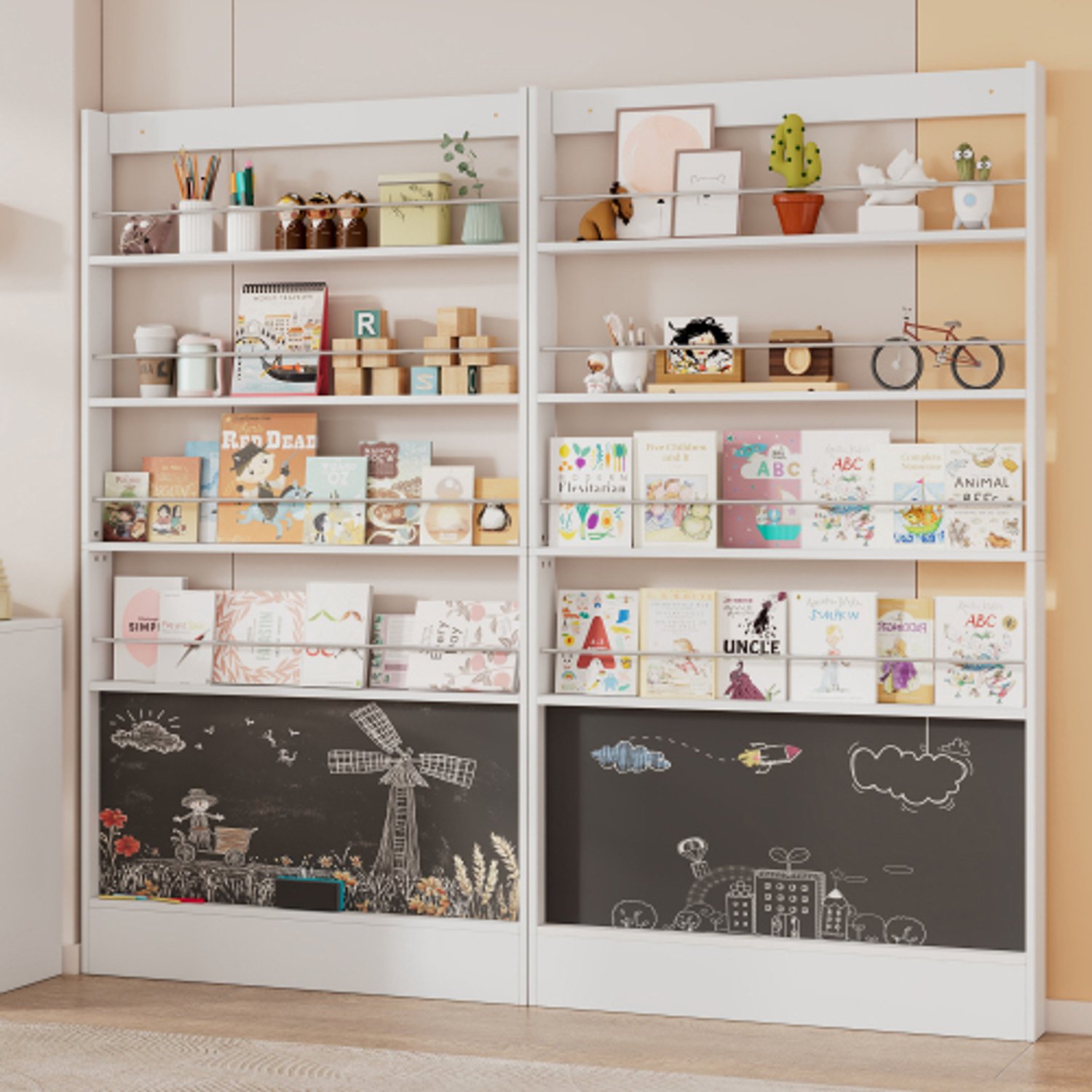 Prentenboekenrek, set van 2 boekenrekken met schoolbord, 4-laags opbergrek voor de kinderkamer, kantelbeveiliging, ruimtebesparend, achter de deur, 200 × 10 × 180 cm