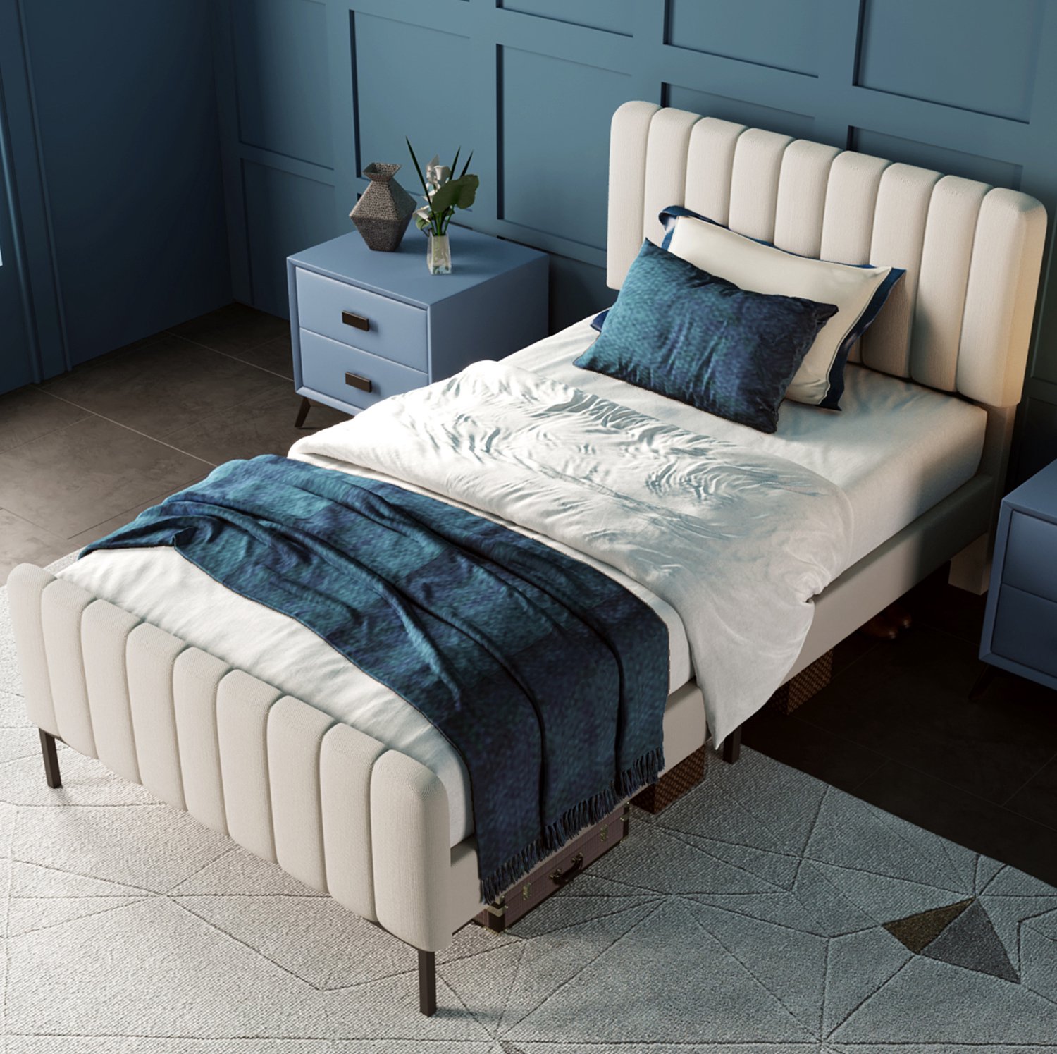MODENUIT Eenpersoonsbed – 90 x 190 cm – Verstelbaar Hoofdeinde – Linnen, Hout En Metaal – Licht Beigegrijs