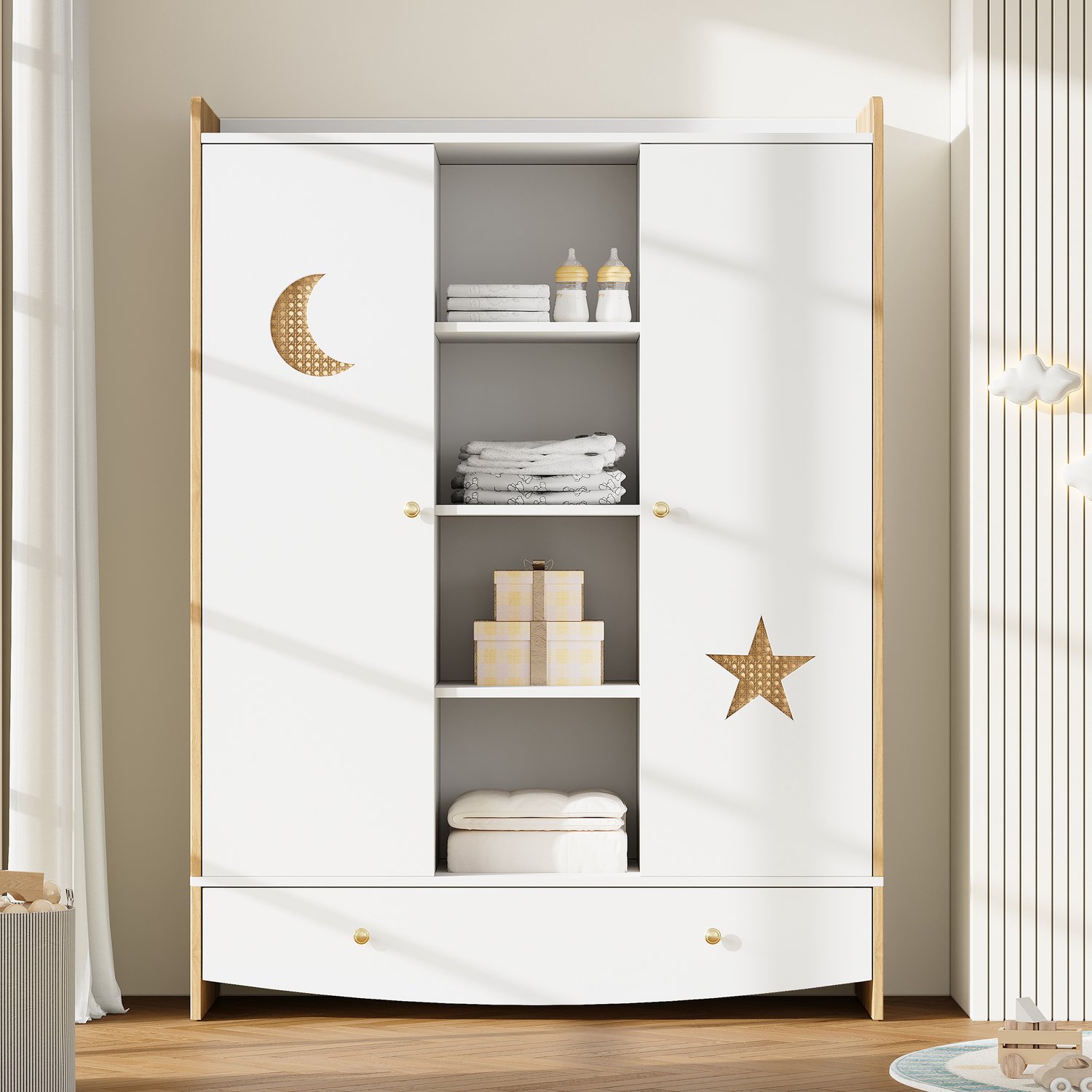 VVBV Kinder kledingkast / Kledingkast kinderkamer / Kledingkast kind 120x50x160 cm – Lades, 2 Kledingstangen, Rotanlook – MDF / Naturel/Wit