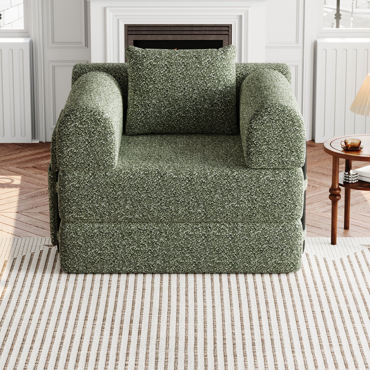 Wishdor Slaapbank - 1-zits zit- en slaapfunctie - Opbergruimte in armleuning - Drie stalen frames - Groene chenille stof - Woonkamer slaapkamer logeerkamer - 91,4 x 94 x 69,8 cm