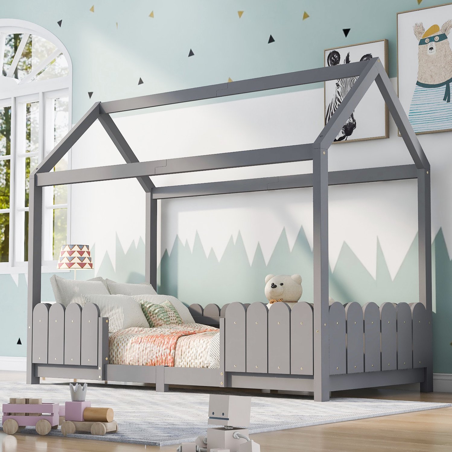 Kinderhuisbed 90 x 200 cm met uitvalbeveiliging en lattenbodem, grijs