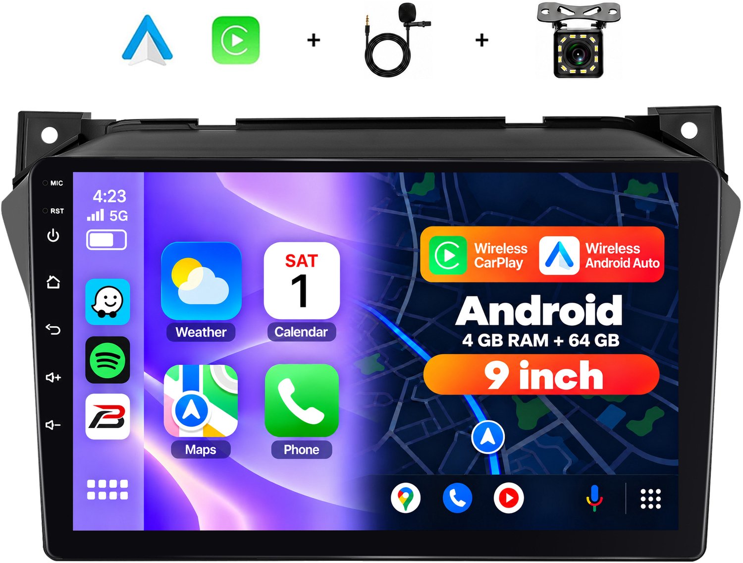 Boscer 2 Din Android 15 Autoradio - Geschikt voor Suzuki Alto 2009 - Draadloos Apple Carplay & Android Auto - 4+64GB - 9 Inch HD IPS Touchscreen - GPS Navigatie - WIFI, Bluetooth & USB - Achteruitrijcamera & Microfoon