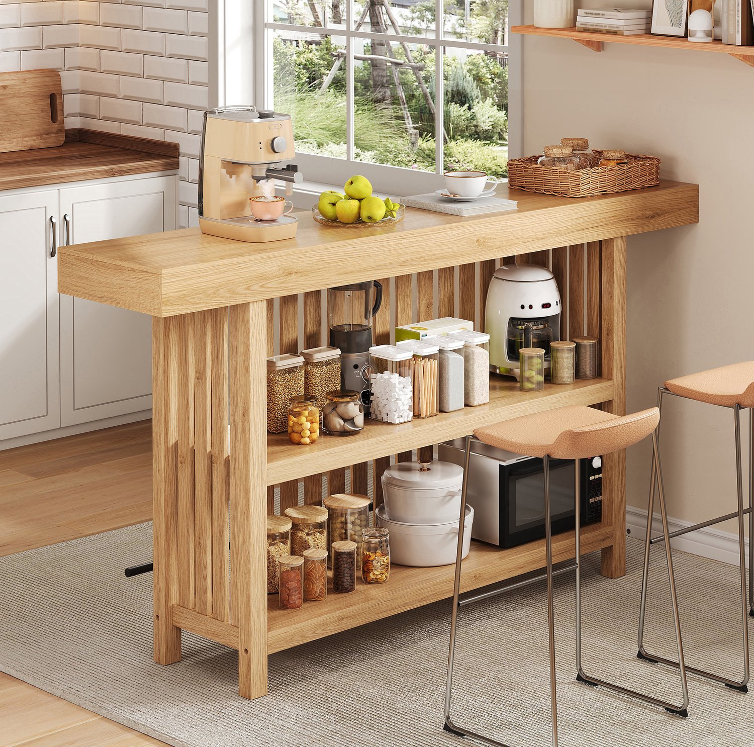 MIVRAY Bartafel - Met Voetsteun En Tweelaags Opbergrek - Voor Keuken Eethoek En Thuisbar - MDF Naturel - 160 x 40 x 105 Cm