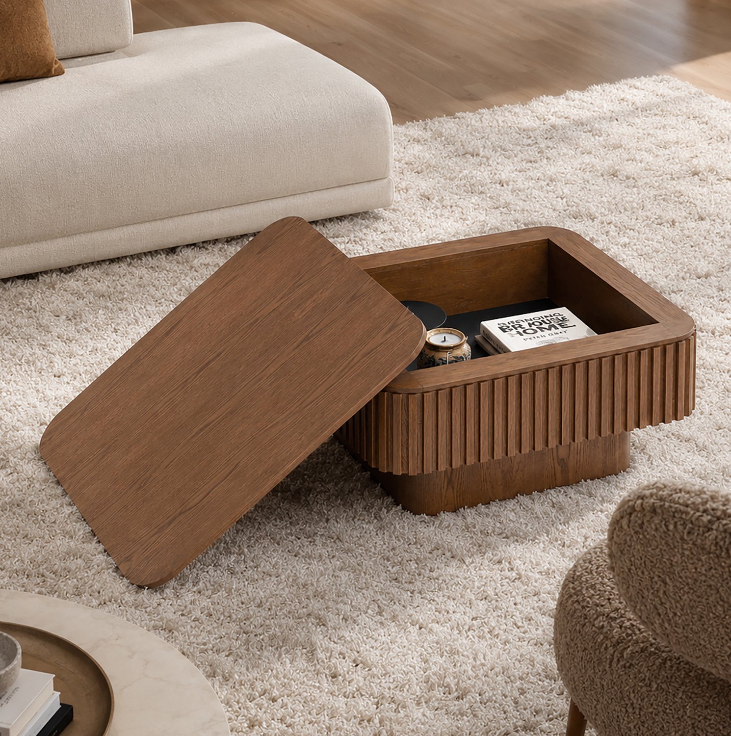 STILVORA Salontafel - Vierkant Met Verborgen Opbergruimte En Afneembaar Blad - Voor Woonkamer Of Kantoor - MDF - 75x75x35 Cm - Walnoot