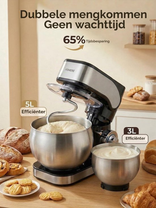 Keukenmachine Kneedmachine - 1300 W Vermogen - 8 L Inhoud - Roestvrij Staal - Voor De Hobbybakker — afbeelding 4