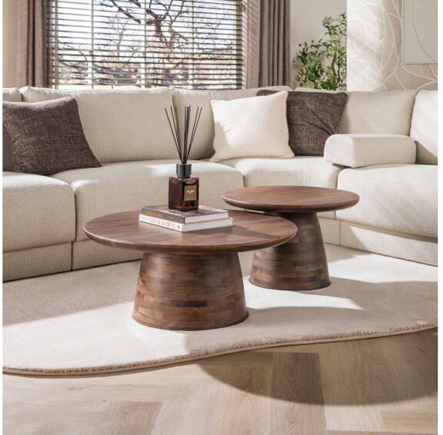 Meubelplaats Salontafel Miro rond set van 2 - acaciahout - bruin - japandi - 80x80x35 cm & 60x60x40 cm