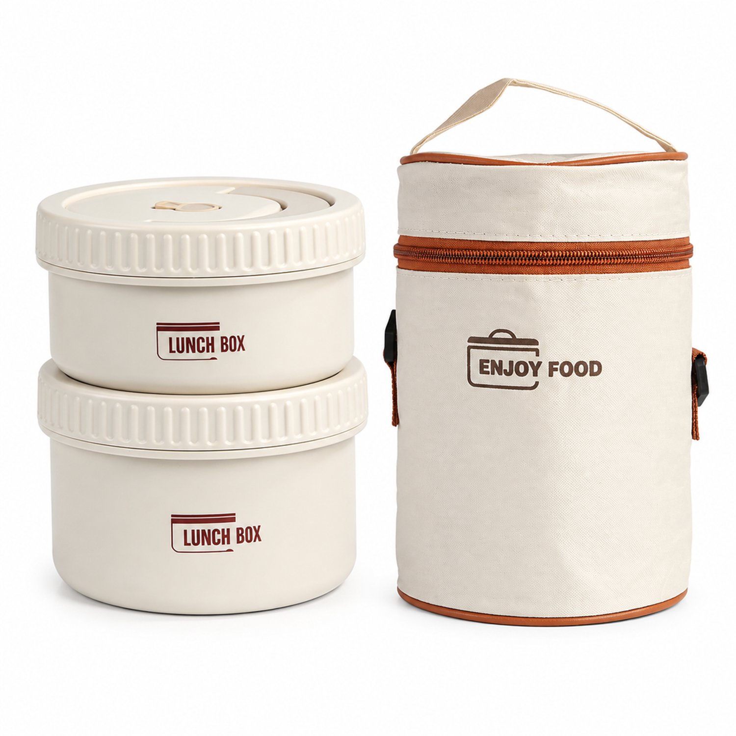 Beige broodtrommelset met twee ronde lunchboxen van 316 roestvrij staal 470 ml en 600 ml plus draagtas