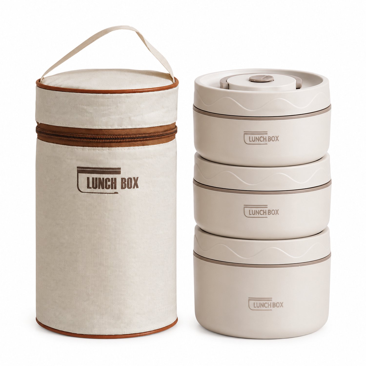 Broodtrommelset met 3 ronde bakjes 2 × 440 ml en 1 × 600 ml met thermische draagtas in beige