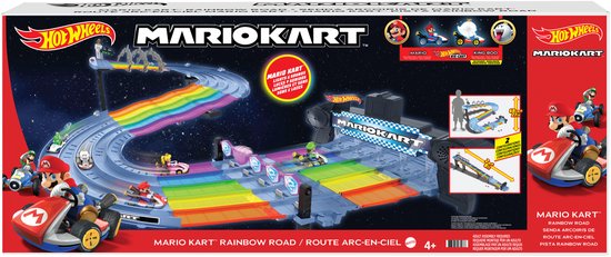 Doos van de Hot Wheels Mario Kart Rainbow Road raceset met kleurrijke regenboogbaan, Mario en King Boo voertuigen.