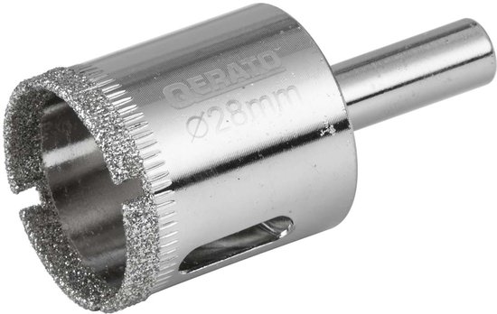 Qerato tegelboor 28mm met diamantcoating, metalen schacht en uitlaatopening.