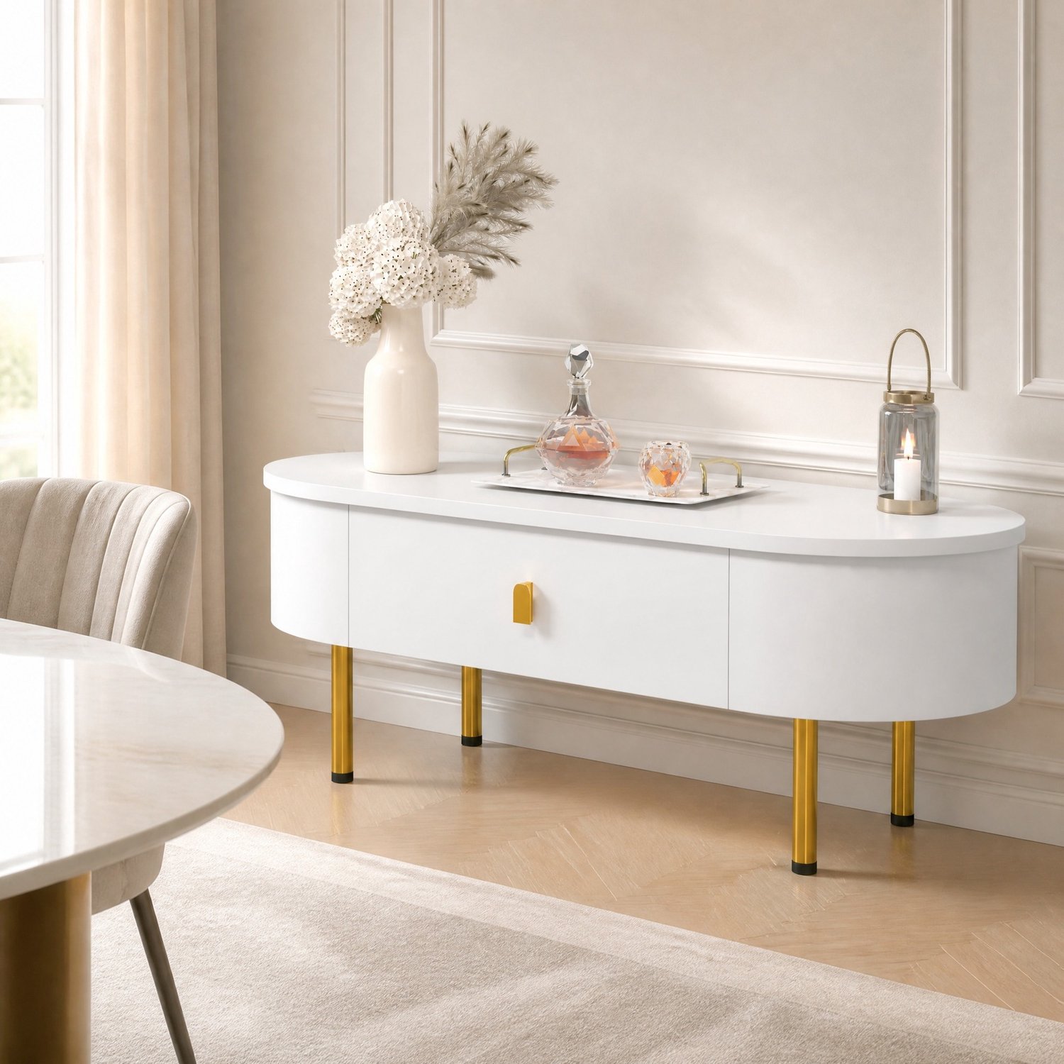 Maisentiel Salontafel 108 cm met 2 lades, afgeronde hoeken, MDF, wit met goud