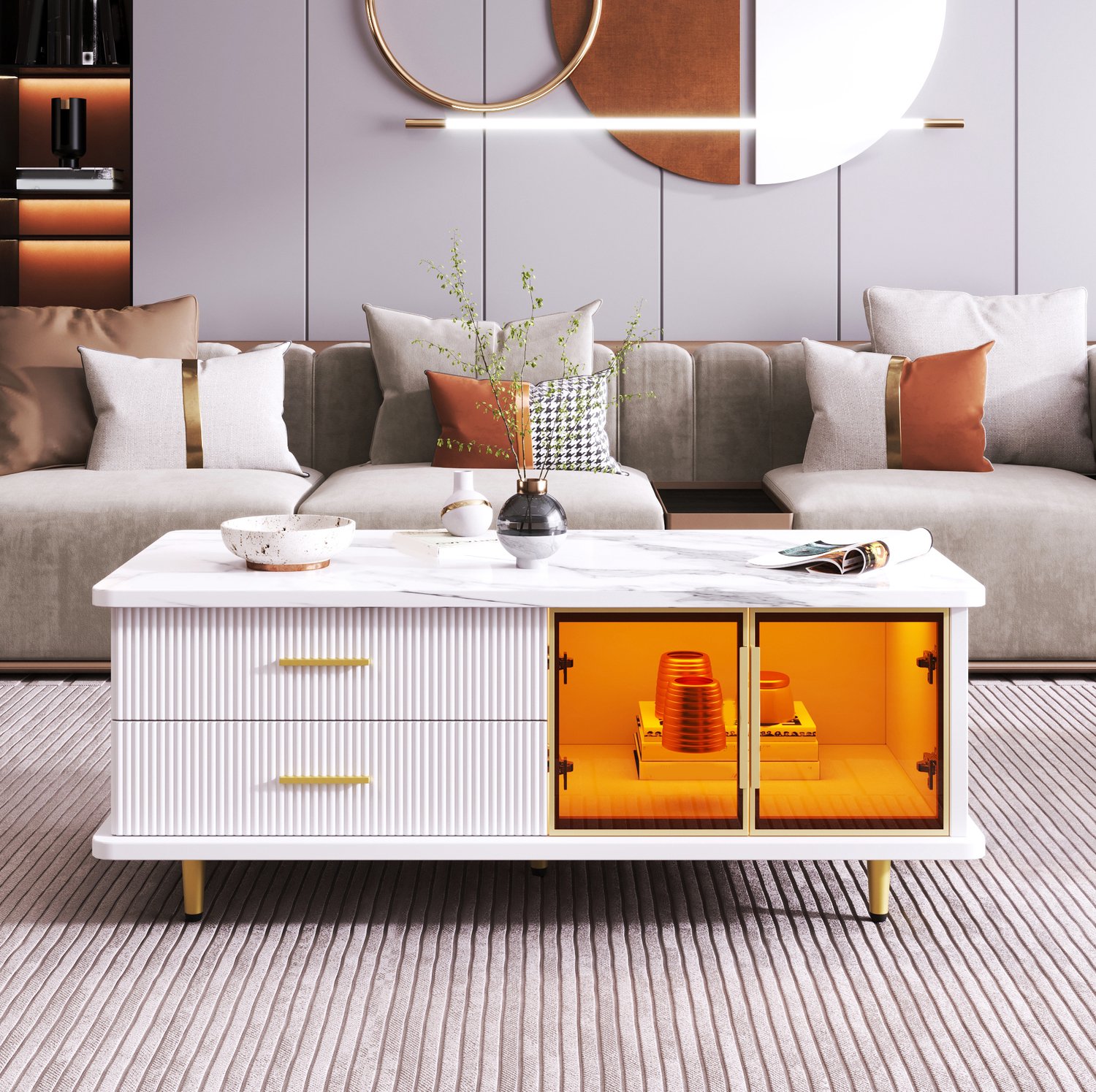 Salontafel 100x50x40 cm met LED, 2 lades, marmerlook, spaanplaat, wit/goud