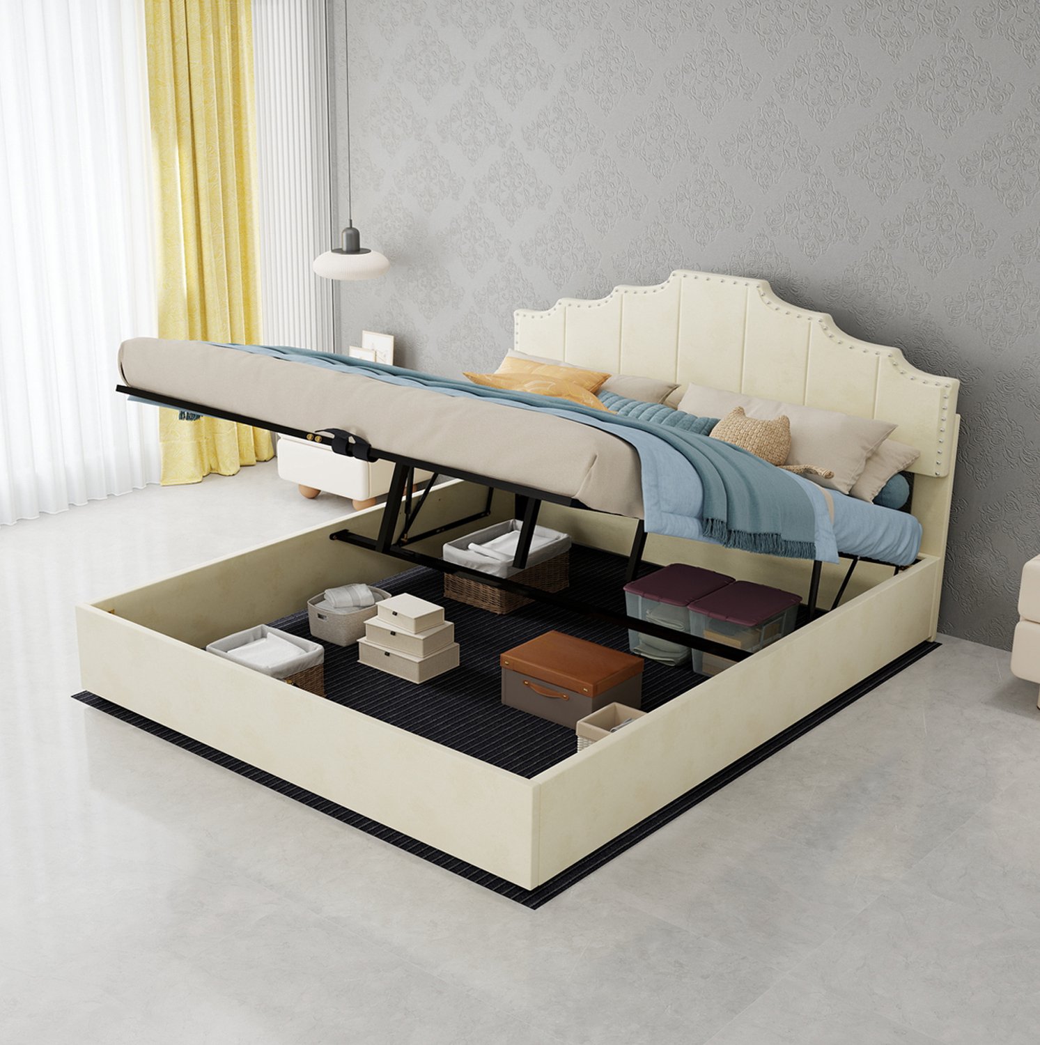 WUVRIE Tweepersoonsbed 160x200 cm - Hydraulische opbergruimte en matras inbegrepen - Beige