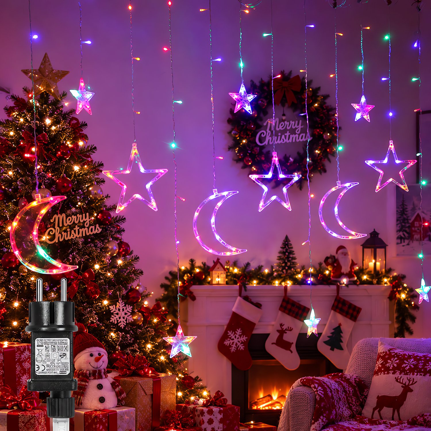 Lapamax Sterren Lichtgordijn met Maan - LED Kerstverlichting 3,5 m met 123 LEDs en 12 Hangende Ornamenten - 8 Lichtstanden, Timer en Geheugen - IP44 voor Binnen en Buiten - Meerkleurig