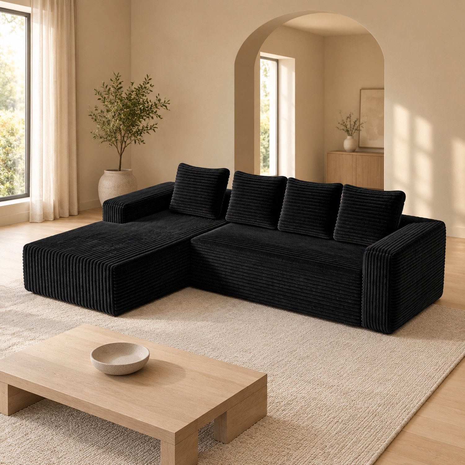 WUVRIE Modulaire hoekbank 4-zits - Rechter chaise longue en diepe zitting - Zwart