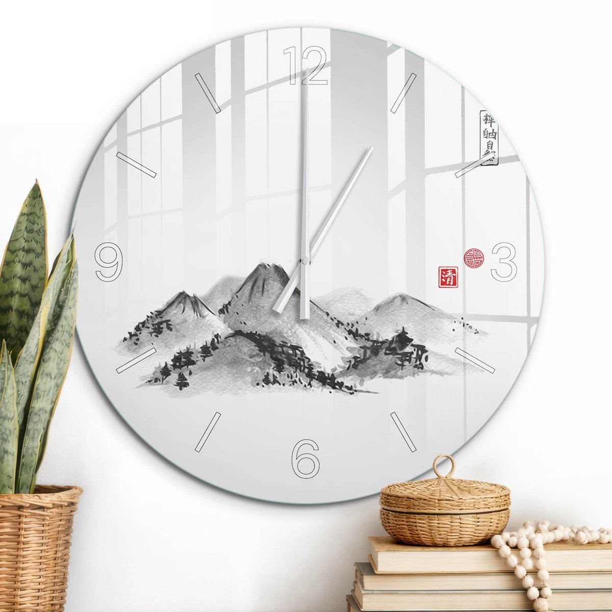 ArtPrintCave Zwart-wit Glazen Klok - Wandklok 60 cm - Muurklok Rond - Berglandschap Unieke Klok - Natuur Stille Wandklok - Witte Klokwijzers