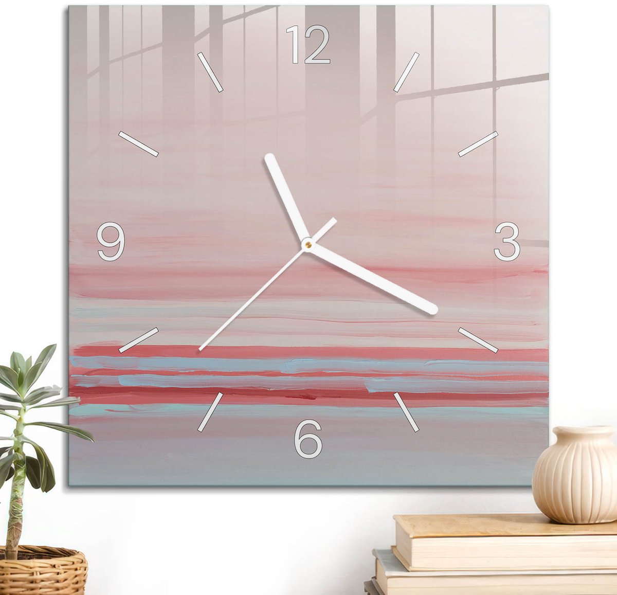 ArtPrintCave Roze Glazen Klok - 30x30 cm - Wandklok Vierkant - Kleurrijke Strepen Wandklok Keuken - Kunst Unieke Klok - Witte Klokwijzers