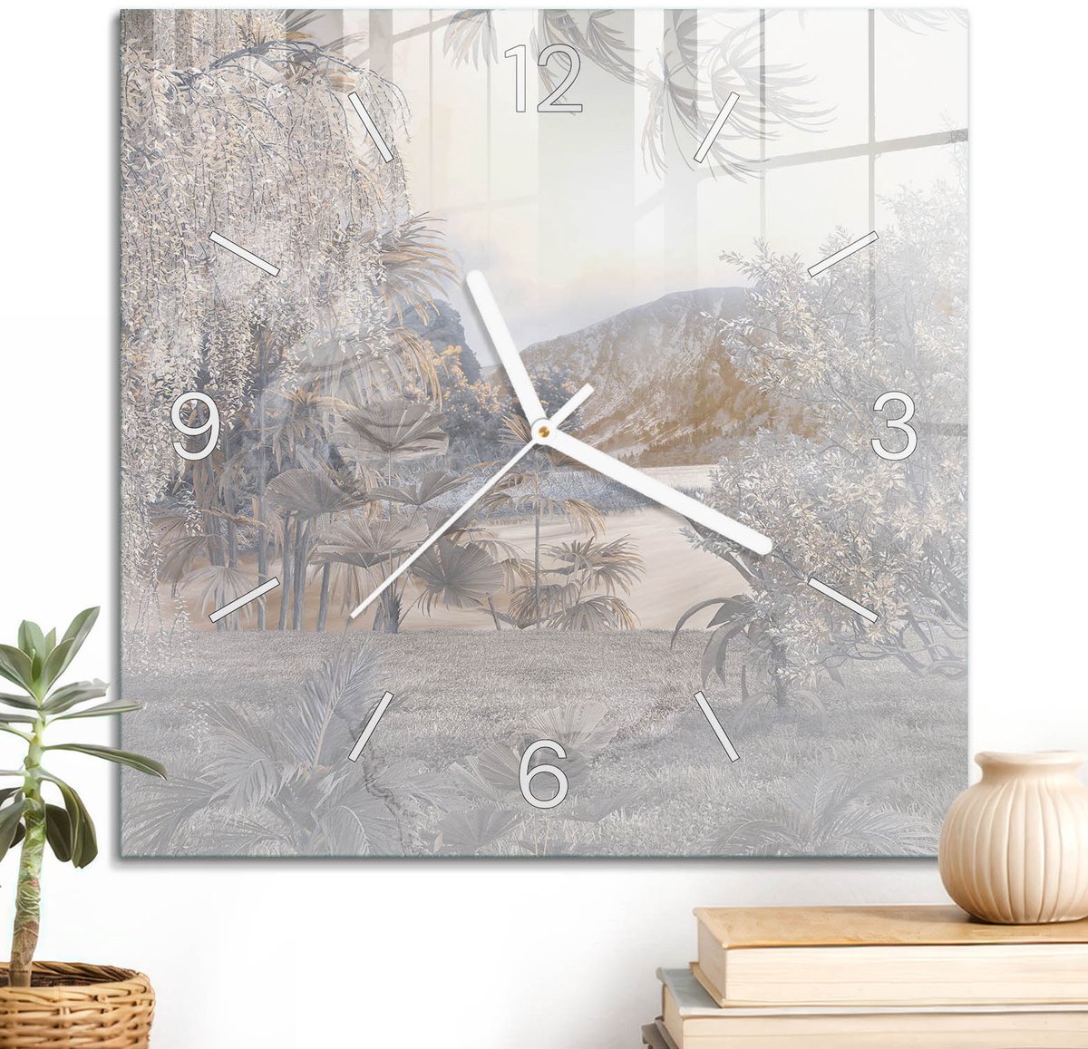 ArtPrintCave Beige Glazen Klok - 30x30 cm - Wandklok Vierkant - Een Vredig Landschap Stille Wandklok - Natuur Wandklok Keuken - Witte Klokwijzers
