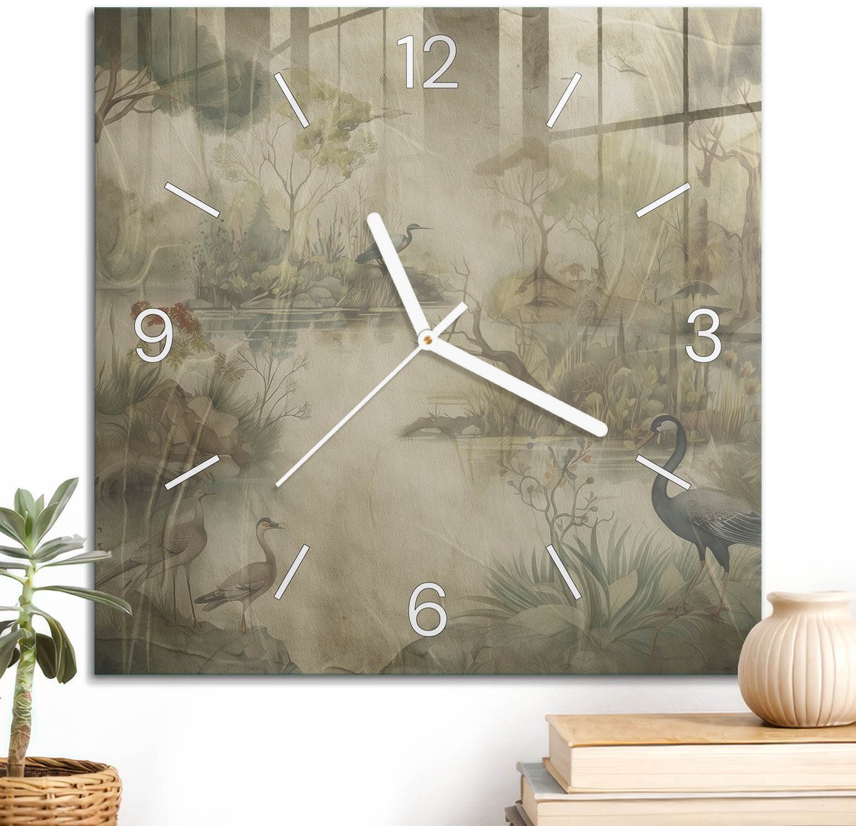 ArtPrintCave Beige Glazen Klok - 30x30 cm - Wandklok Vierkant - Vreedzaam Landschap Wandklok Keuken - Kunst Unieke Klok - Witte Klokwijzers