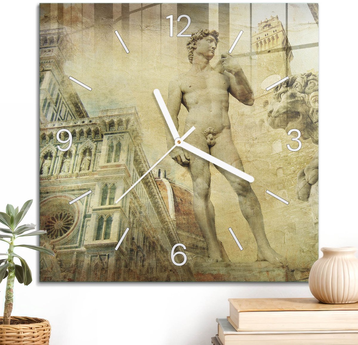 ArtPrintCave Beige Glazen Klok - 30x30 cm - Wandklok Vierkant - Renaissance Monumenten Wandklok Keuken - Kunst Unieke Klok - Witte Klokwijzers