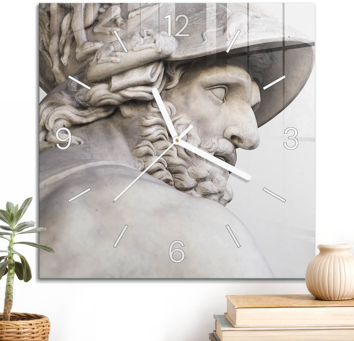 ArtPrintCave Wit Glazen Klok - 30x30 cm - Wandklok Vierkant - Oude Beeldhouwwerken Unieke Klok - Mensen Stille Wandklok - Witte Klokwijzers