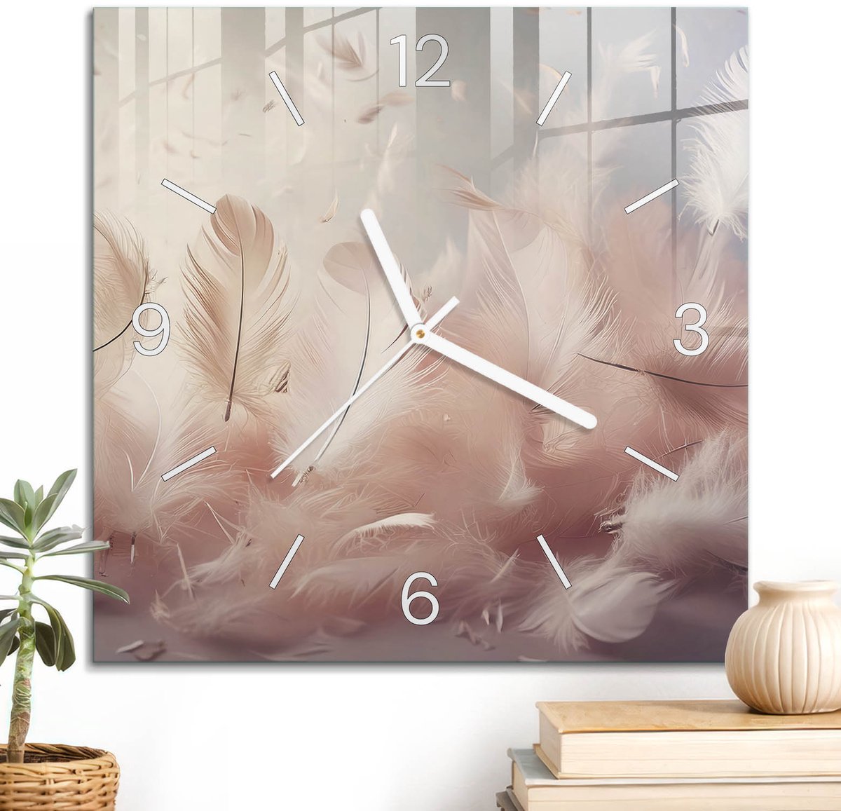 ArtPrintCave Roze Glazen Klok - 30x30 cm - Wandklok Vierkant - Pastelkleurige Veren Wandklok Keuken - Natuur Unieke Klok - Witte Klokwijzers