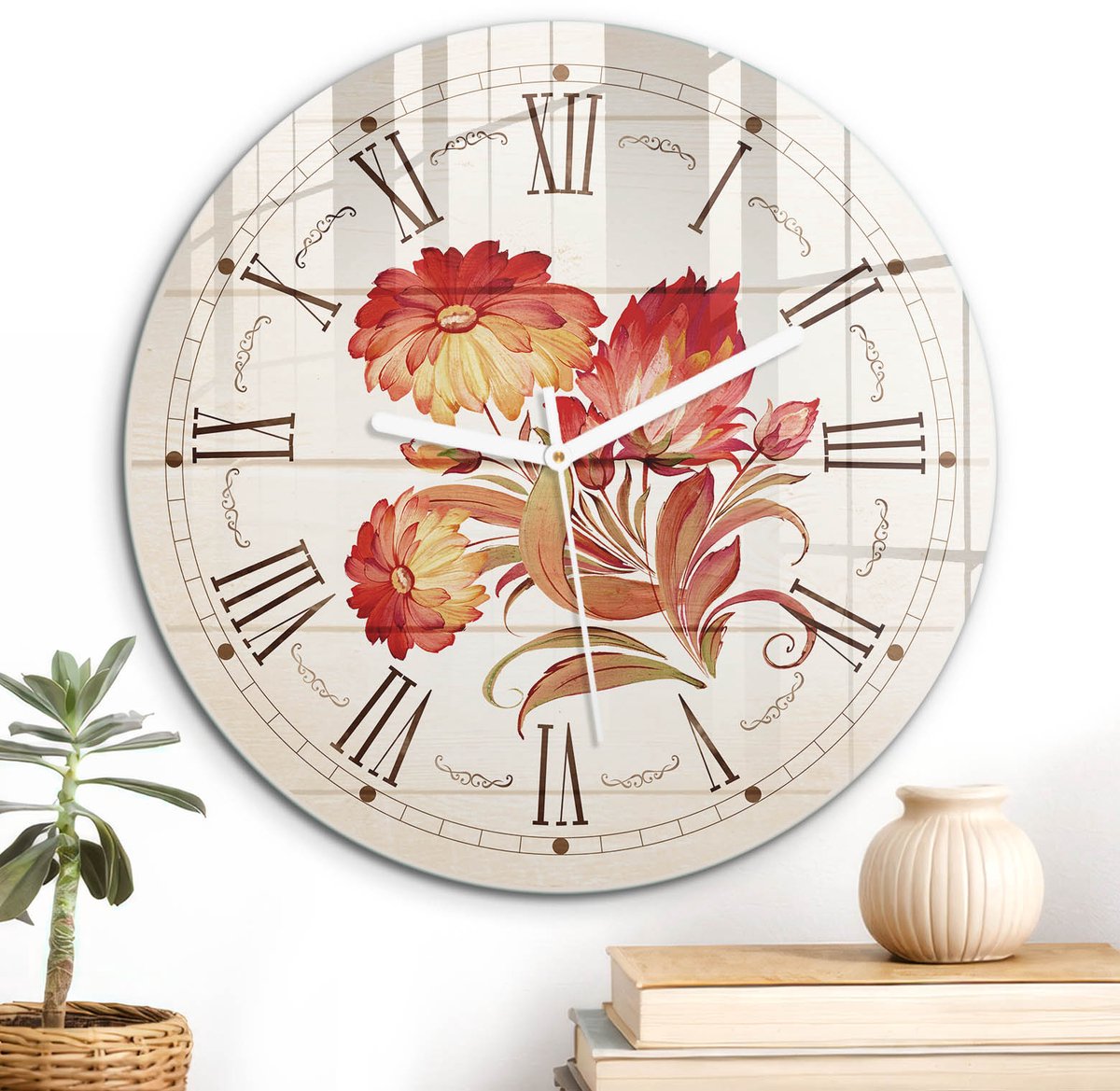 ArtPrintCave Romig Glazen Klok - Wandklok 30 cm - Muurklok Rond - Bloemenklok Wandklok Keuken - Bloemen En Planten Unieke Klok - Witte Klokwijzers