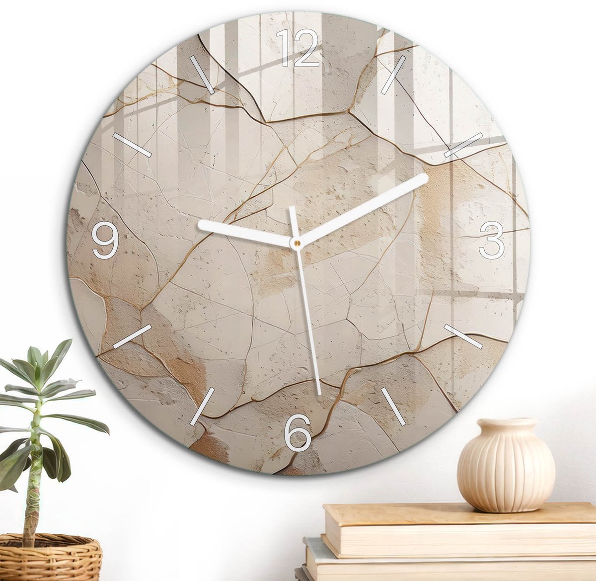 ArtPrintCave Beige Glazen Klok - Wandklok 30 cm - Muurklok Rond - Gebarsten Oppervlak Unieke Klok - Achtergronden En Patronen Stille Wandklok - Witte Klokwijzers